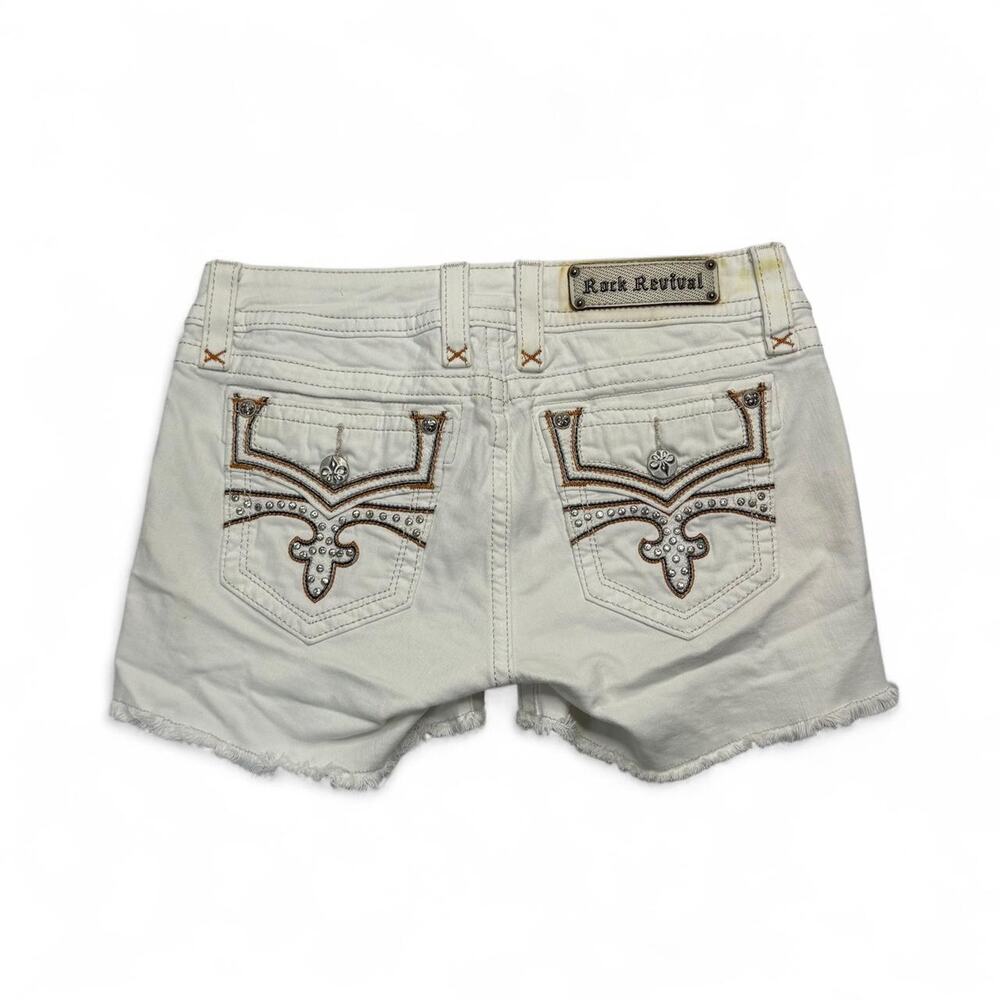Rock Revival white denim shorts cross design on pockets Mcbling studded size 29